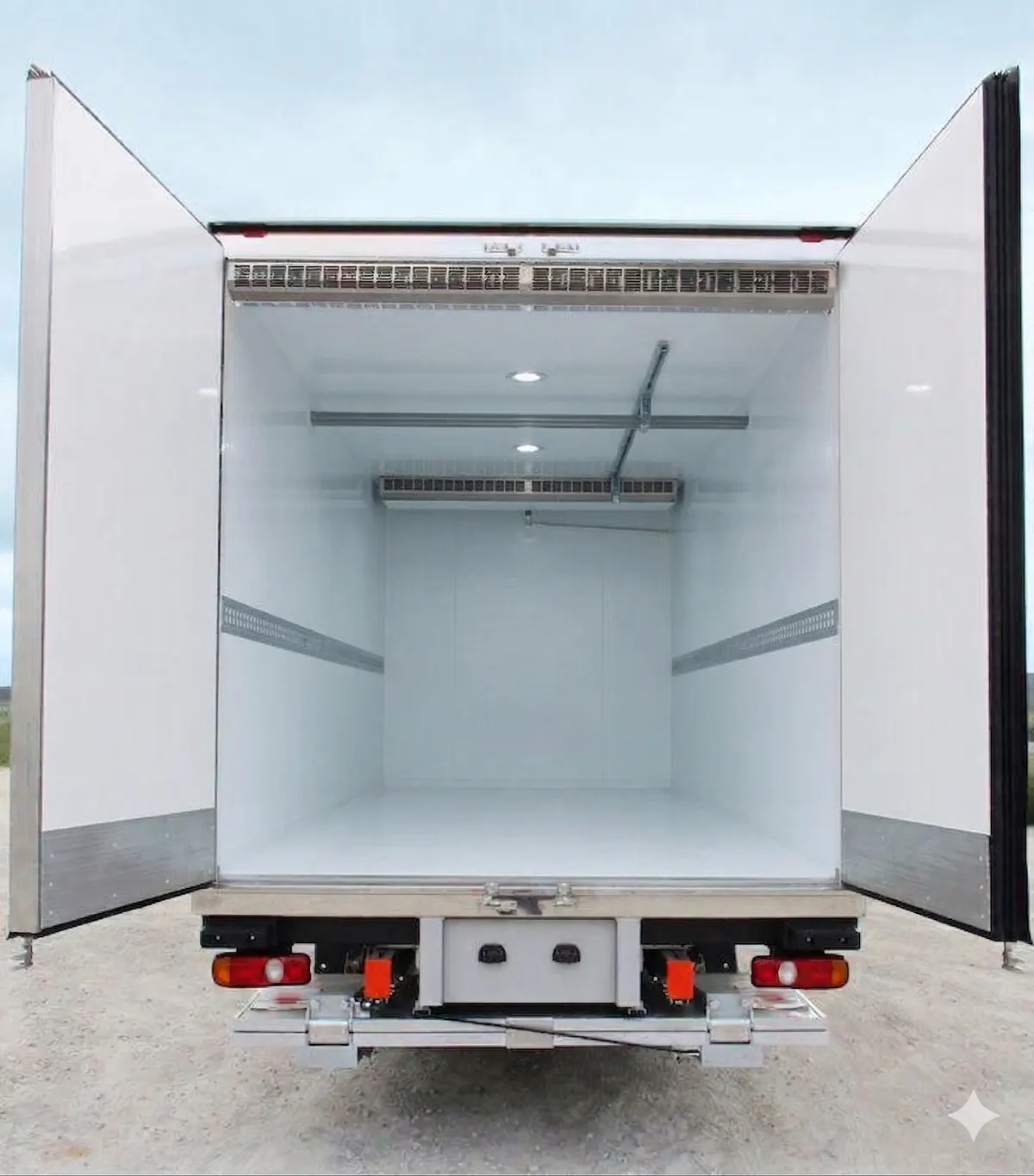 Interior of an Al Sahara refrigerated body seen through open rear doors, with evaporator units and a white insulated lining, Abu Dhabi