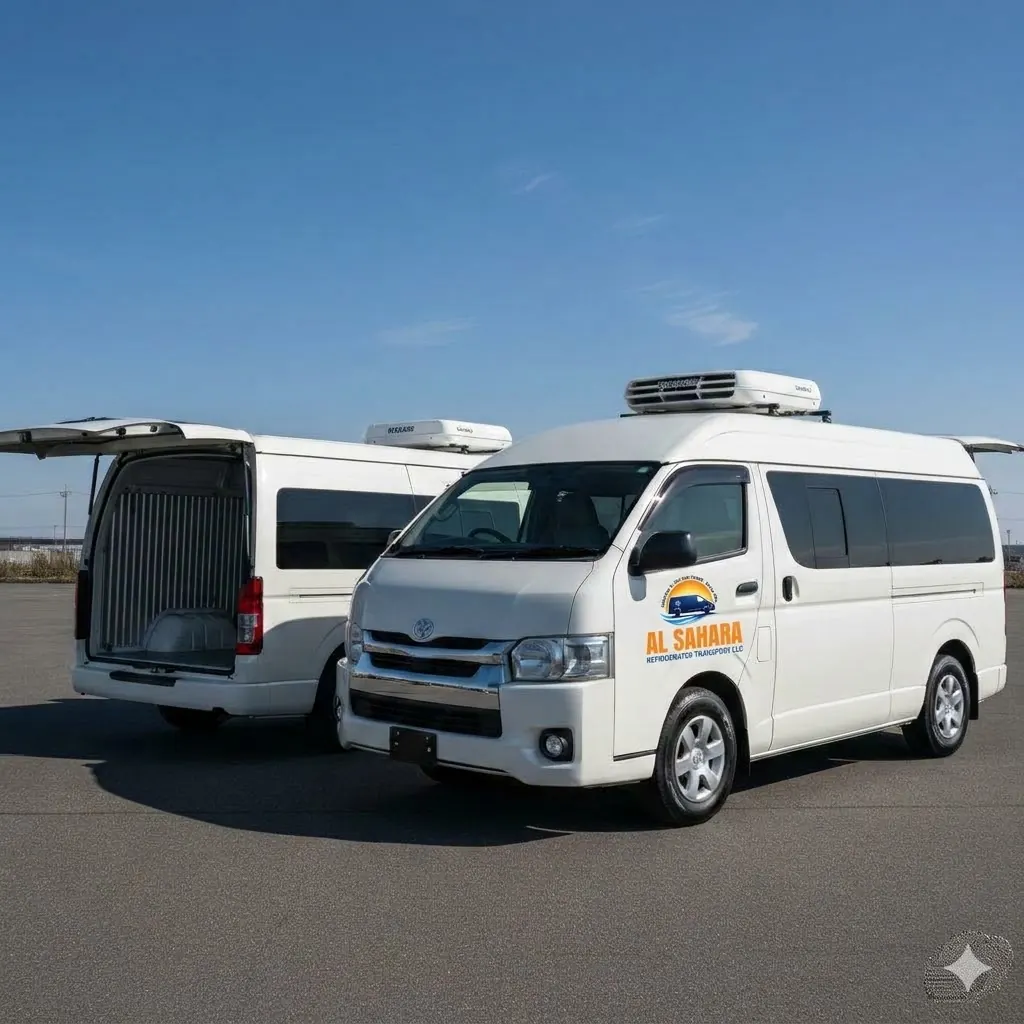Al Sahara freezer van with its rear doors open showing the insulated cargo compartment, second van alongside, Abu Dhabi
