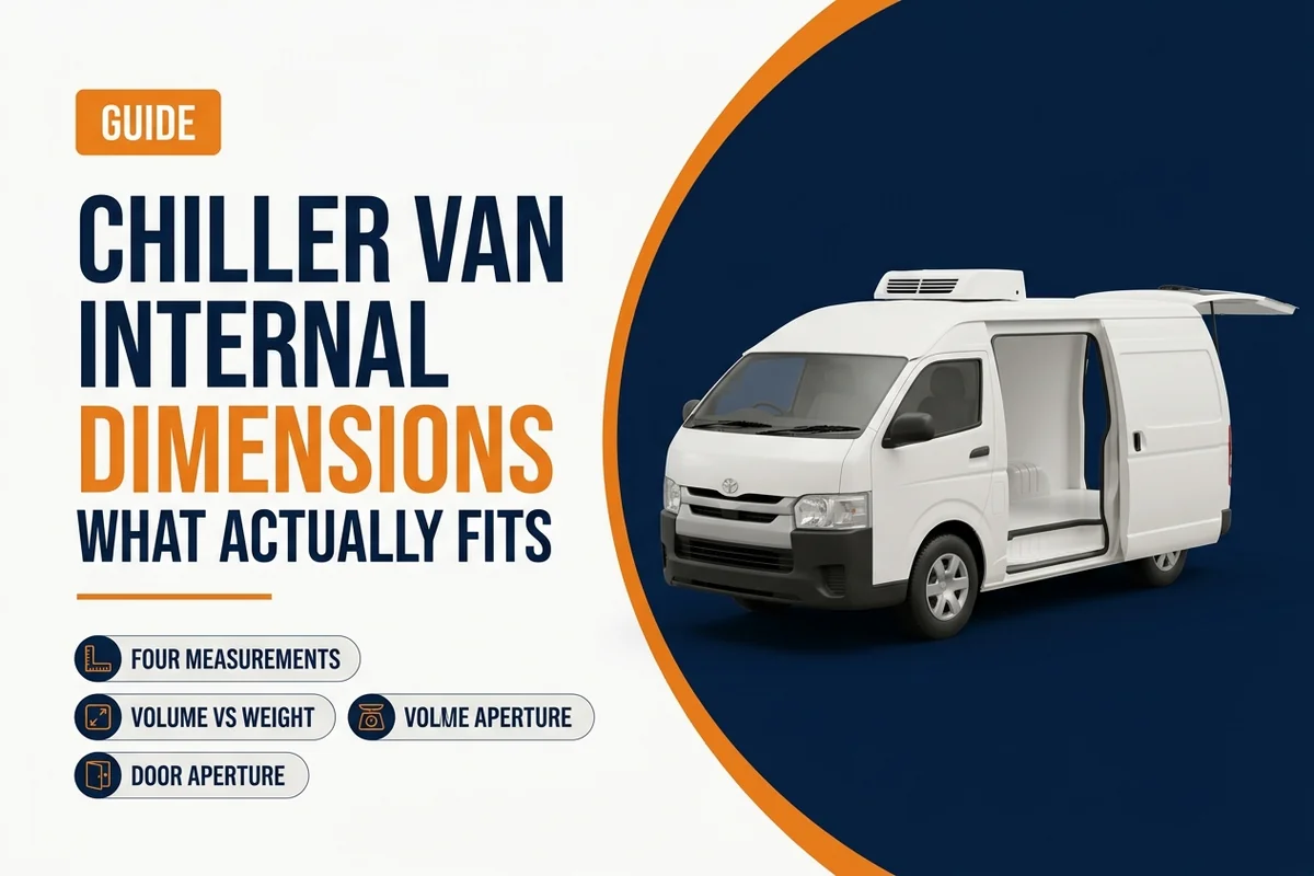 Side profile of a refrigerated van with internal length and height marked by dimension arrows