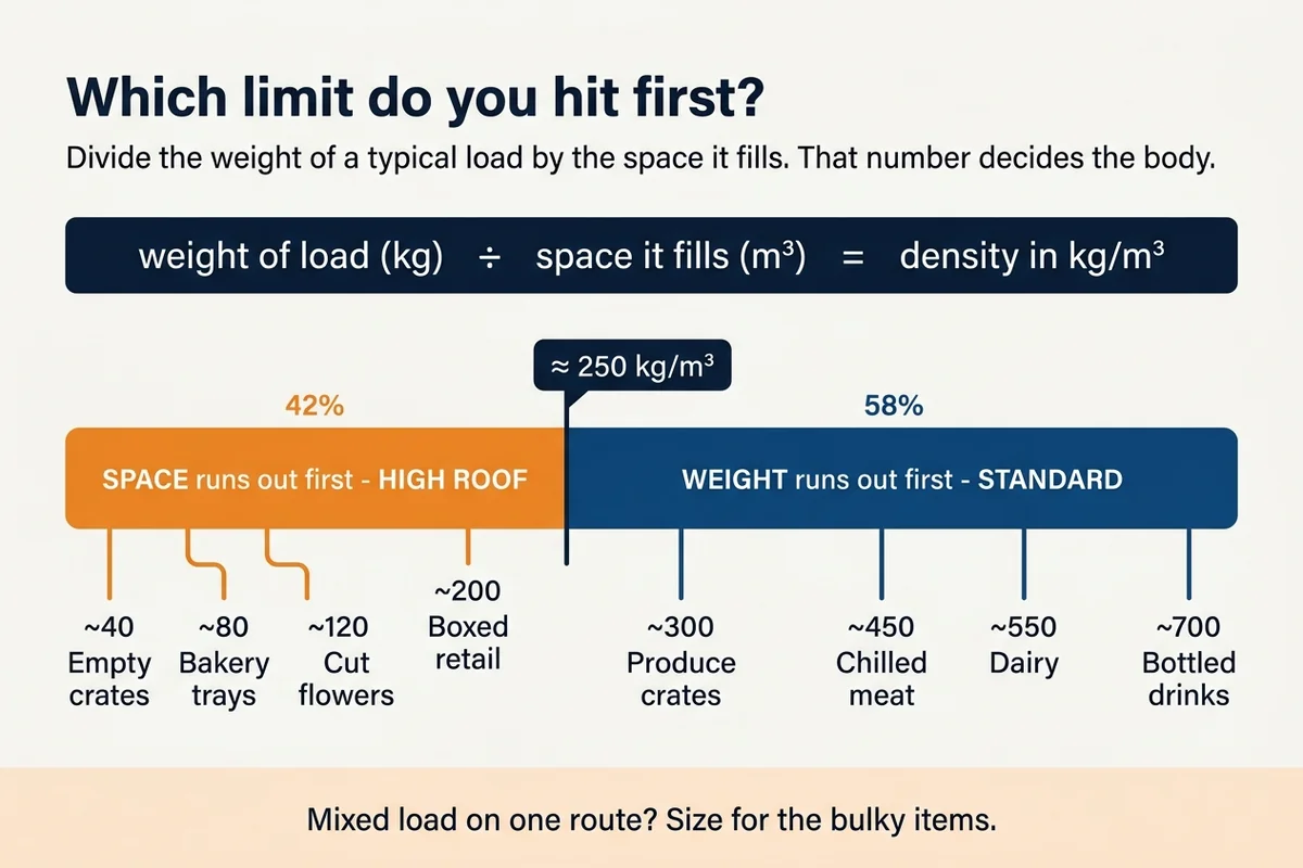 Scale of cargo density in kilograms per cubic metre with a threshold at 250. Empty crates, bakery trays, cut flowers and boxed retail sit below it; produce crates, chilled meat, dairy and bottled drinks sit above it