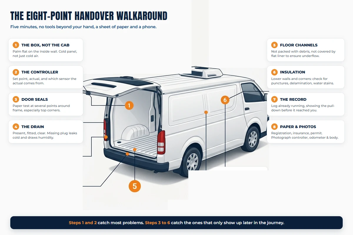 Eight-point walkaround inspection diagram for a Toyota HiAce refrigerated van at handover