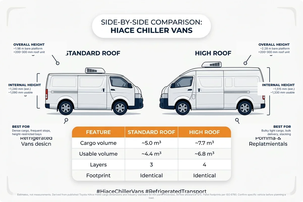A standard roof chiller van fitting three stacked layers beside a high roof van fitting four in the same floor area, with a band noting the identical footprint, parking space, licence category and temperature range