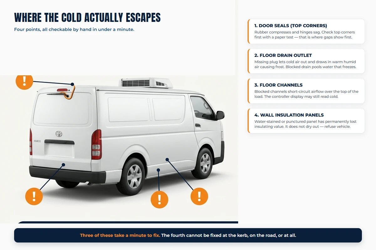 Defect map showing where cold air escapes on a Toyota HiAce refrigerated van and handover acceptance criteria
